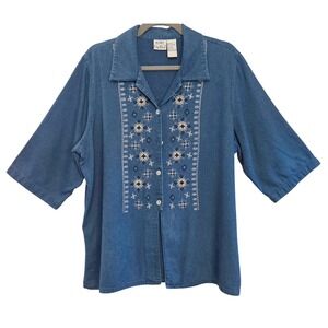 Koret City Blues Cottage Boho Embroidered Floral Denim Blue Button Front Top‎ XL
